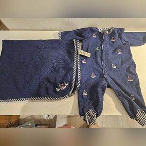 Little Me Footed Sailboat Outfit With Matching Blanket. Blue. Size 3months